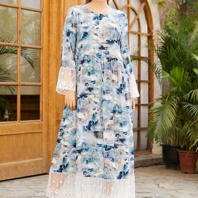 China YHM0072 Women's Large Round Neck Sleeve Fashion Ink Printing Anti-Static Long Lace Up Fashion Splicing Muslim Dress for sale