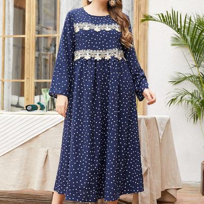 China YHM0071 Women's long sleeve fashion blue polka dot anti-static dot print lace contrast stitching Muslim long casual skirt for sale