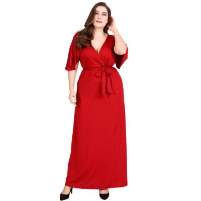 China CUBEAR Viable Women Plus Size Red Deep V-Neck Short Sleeve High-Waisted Long Dress Sexy Lace Up Dress for sale