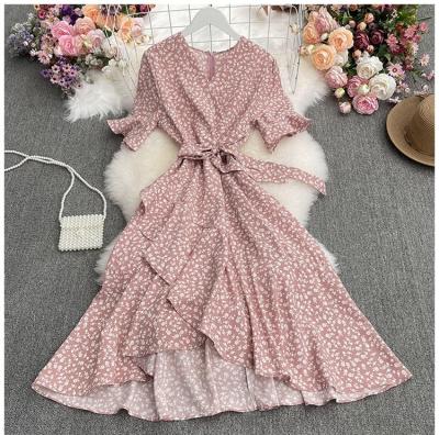 China CUBEAR Spring New Breathable French Female V-Neckline Long Dress Slim Irregular Ruffled Floral Dress Lace-Up for sale