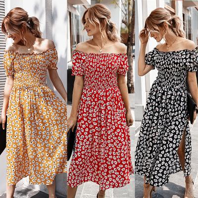 China CUBEAR Soft Sexy Breathable Daisy Floral Off Shoulder Shirred Summer Split Dress High Waist Women Split Midi Dress for sale