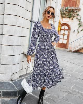 China CUBEAR Vintage Floral Print Square Neck Breathable Elegant Bubblegum Sleeve Ruffle Edge Women's Midi Dresses Long for sale