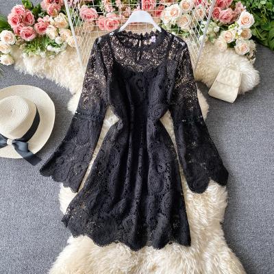 China CUBEAR New Breathable Fashion Round Neck Hollow Out Lace Up One-Line Dress Knee-Length Long Sleeve Slim Waist Dress for sale