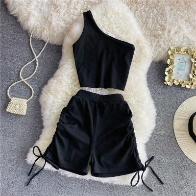 China CUBEAR CBY00002 Breathable Sporty Style Solid Color Shoulder Crop Sleeveless Flexible Tank One Complete Elastic Waist Summer Shorts Set for sale