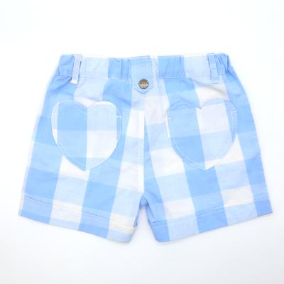 China Anti-wrinkle sky blue check high quality 100% cotton girls casual shorts summer season with heart pockets girl's pants for sale