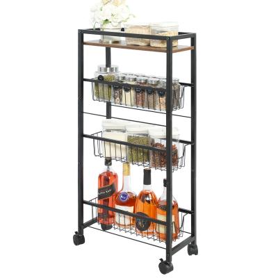 China Sustainable Slim Storage 4-Tier Cart with Slide-Out Wire Baskets Rolling Utility Cart with WoodenTabletop Wheel for Bathroom Laundry Storage for sale