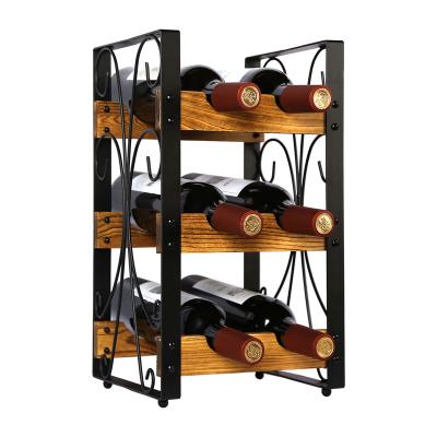 China Kitchen 6 Tier 3 Bottle Countertop Wine Rack Wine Organizer Holder Liquor Storage Shelf Wooden and Metal Freestanding Storage For Kitchen for sale