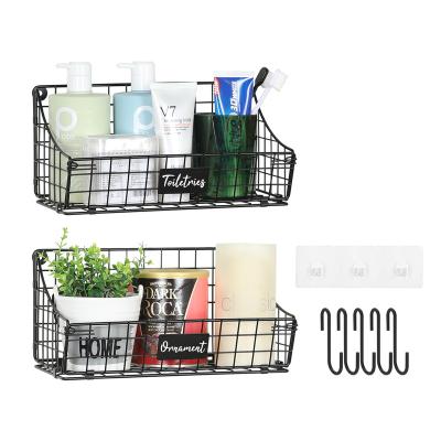 China 2 Tier Wall Hanging Baskets, Bathroom Organizers and Sustainable Storages, Wire Baskets with 5 S-Shaped Wall Hooks+2 Strong Adhesive Hooks for sale