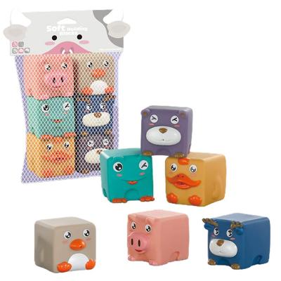 China Soft Education Toys Building Block Toy Soft Silicone Bath Toys Cute 6pcs Animal Shape Block Cube Toys for sale