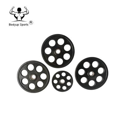 China Weightlifting Training Rubber Coated 7 Hole Dumbbell / Barbell Weight Plate For Gym Train for sale