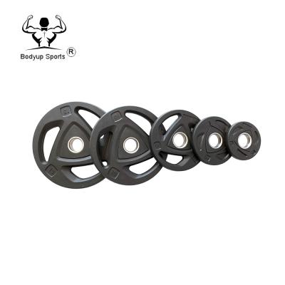 China Cheap Home Color Weight Lifting China Fitness Training Rubber Plates With 3 Holes for sale