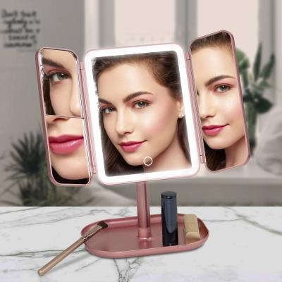 China Double Sided Foldable Mirror Led Lighted Compact Vanity Mirror and Makeup Mirror Lightweight Portable Travel for sale