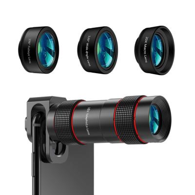 China 2020 Chemistry New Products Mobile Phone Camera Lens Kit 120 Degree Macro Lens 20X Wide Angle Fisheye 18X Telephoto Lens for sale