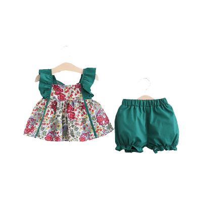 China Girls dress sets summer 2021 floral outfit printed suspenders flying sleeve vest shorts two pieces girl dress kids for wholesale for sale