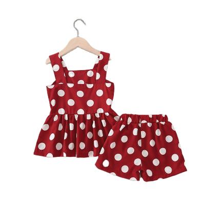 China 2021 Fashion Summer Chiffon 2pc Casual Girl Set Girls Teams Clothes Dot Suspender Shirt Dress Pocket Girl Short Set for sale