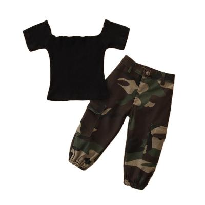 China Casual Sweet Kids Girls Clothes Summer Set Kids Bla Ribbed Short Sleeve Off Shoulder T-shirts Tops+Camouflage Pants 2Pcs Set for sale