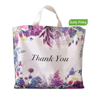 China Recyclable Thank You Bags Goods Floral Shopping Bags Thicken Reusable Clear Plastic Bag With Handle For Boutique Clothes Grocery for sale