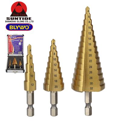 China Non Ferrous Metals Step Drill Bit Set Titanium Plated Reaming Tapered Drill Bit Stainless Steel Iron Plate Aluminum Metal Drilling Opener for sale