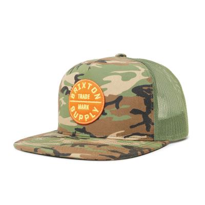 China JOINT Factory Customized 6 Panel Camouflage Snapback Mesh Cap With Front Woven Patch Logo for sale