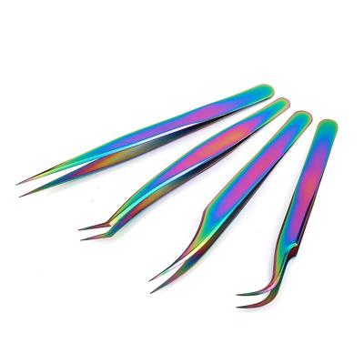 China Stylish High End Custom Made Stainless Steel Eyelash Tweezers Kit Rainbow Gradient Color Eyelash Extensions Logo Tweezers for sale