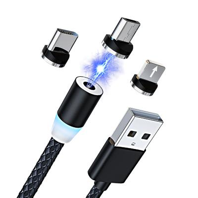 China 3 in 1 Magnetic Charging Cable 360 ​​Degree LED Black Nylon Braided 3 IN 1 USB Magnetic Charging Cable For Mobile Phone for sale