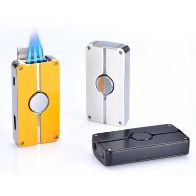 China Customized luxury burning cigarette lasert logo triple flame in line with cigar cut metal lighter for sale