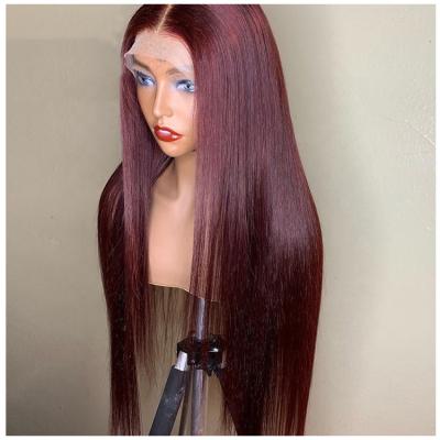 China Human Hair Tangle Lace Wig Colorless 99J Silky Straight Pre Plucked With Baby Hair 13x4 Lace Front Wigs for sale