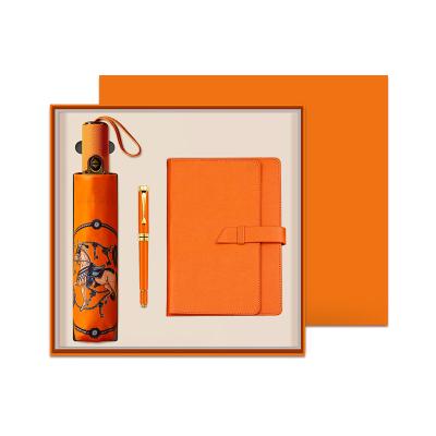 China New Fashion Design Agriculture Luxury High Quality Custom Logo Automatic Umbrella Leather Notebook and Pen Gift Set for sale