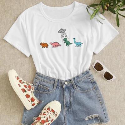 China 2022 Summer Women's Anti-wrinkle Lotus Leaf Collar With Dinosaur Graphic Design Shorts Sleeve Solid Color Casual T-shirt for sale