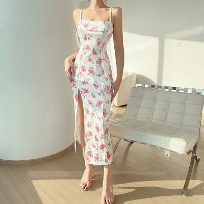 China 2022 Latest Rose Print French Dress Strap Dress Women Anti-static Knitted Solid Color Hip Wrap Sexy Skirt for sale