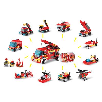 China Cheap Price DIY 3D Mini Construction Toy Egg Packing 12 Cartoon Fire Engine Building Block Education Toy for sale