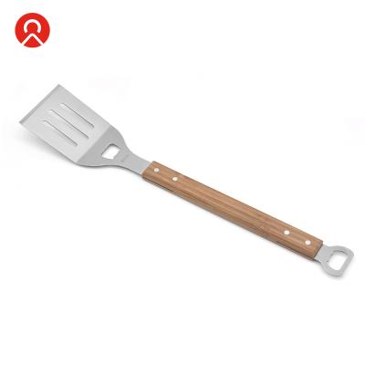 China High Quality Easily Cleaned Stainless Steel BBQ Spatula With Bottle Opener Handle Bamboo BBQ Tool Spatula for sale