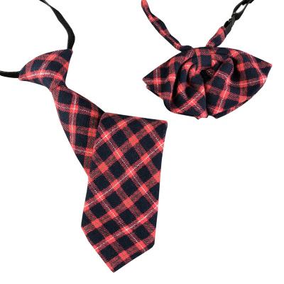 China School Uniform Checked High Quality Elastic 100% Cotton Weave Big Bowtie And Neck Tie Set For Kids for sale