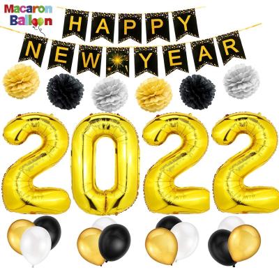 China 2022 Eco-Friendly Huge 2022 Happy New Year Decorations Kit Gold Fringe Glitter Happy New Year Banner Pompoms Flowers Y673 for sale