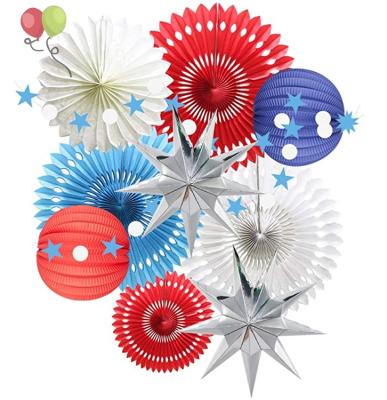 China Eco-Friendly Red White Navy Blue Party Decorations Hanging Tissue Paper Fans Garland Paper Lanterns For Patriotic 4th Of July Day Y10-5 for sale