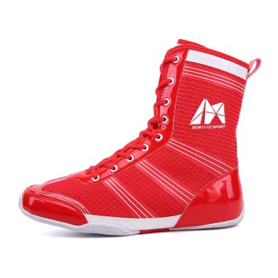 China Custom Logo Mid Calf Boxing Boots Breathable Anti Slip Lace Knit Breathable Sports Shoes High Quality Red Patent Leather Boots for sale