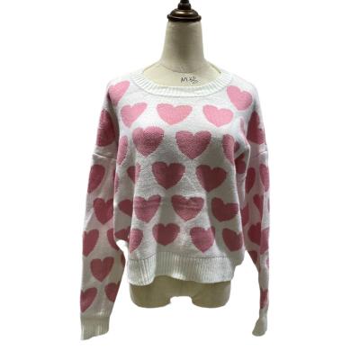 China Anti-wrinkle women crew neck long knit OEM ODM lovely custom sleeve pink sweater loose casual knitted jacquard knitwear for ladies for sale