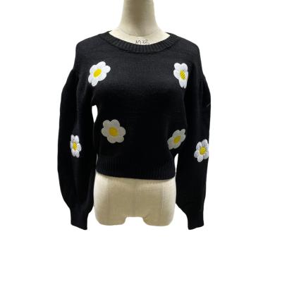 China Anti-wrinkle women black crew neck long lantern sleeve knit embroidery white flower OEM ODM custom knitted cropped sweater for ladies for sale