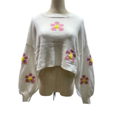 China Anti-wrinkle women crew neck sweater long lantern sleeve knit jacquard flower top custom pullover for ladies for sale