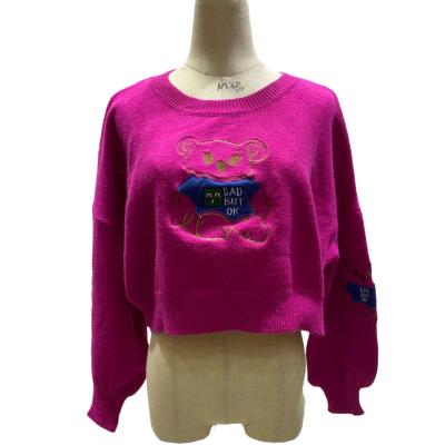 China Custom Anti-wrinkle women jacquard sweater O neck lantern sleeve embroidery bear casual knit for ladies for sale