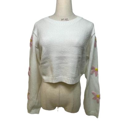 China white bishop Sleeve Sweater Anti-wrinkle floral pattern pullover top for women casual knit OEM ODM for sale