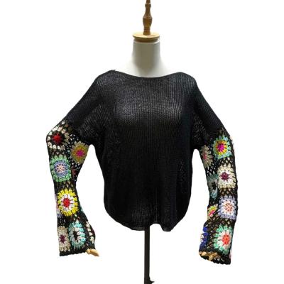 China Anti-wrinkle women OEM ODM handmade crew neck crochet sleeve hollow out knitwear black for ladies for sale