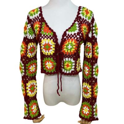 China Anti-wrinkle v-neck summer beachwear handmade crochet multicolor handwoven with sling hollow out cardigan for sale