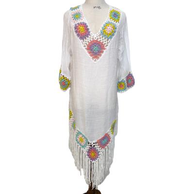 China Summer Multicolor Sexy Fringed Handmade Crochet V-Neckline Beach Wear Handwoven Floral Handwoven Long Square Breathable Long Sleeve for sale