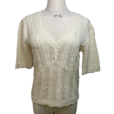 China Funky Anti-wrinkle V Neck Summer Knit Tops Hollow Out Wavy Crochet Blouses Solid Color Sweater Woman for sale