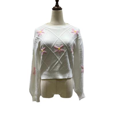 China Anti-wrinkle women crew neck lantern sleeve cross knit OEM ODM rose flower jacquard knitted custom casual sweater for ladies for sale