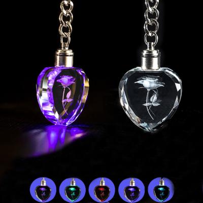 China Europe Wholesale Heart Key Chain Glass Custom 3D Laser Personalized Led Crystal Key Chain for sale