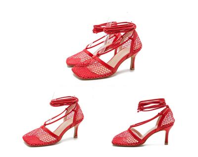 China 2021 New PU Fashion Cross Lace Mesh Stiletto High Heel Sandals For Women for sale