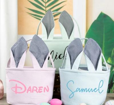 China Personalized Monogram Easter Bag Bunny Basket For Kids by Easter Cotton Seersucker Easter Basket for sale