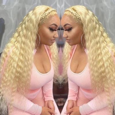 China Deep Wave Vendors Customized Blonde 613 Texture 150 Density Sheer Silky Straight Deep Wave 13X4 Lace Frontal Wigs for sale